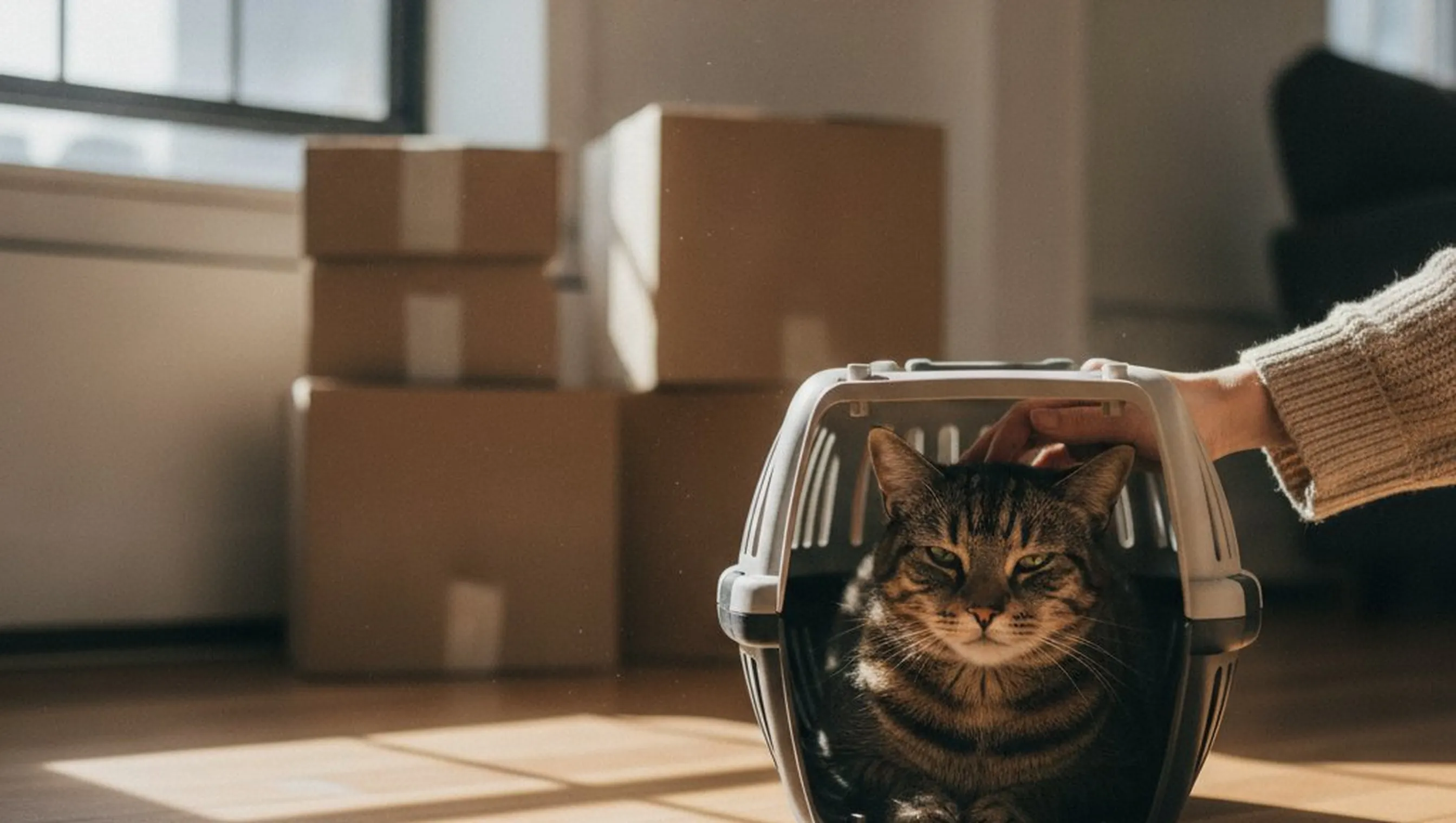 A tabby cat resting inside an open pet carrier on a wooden floor beside stacked moving boxes in an empty apartment