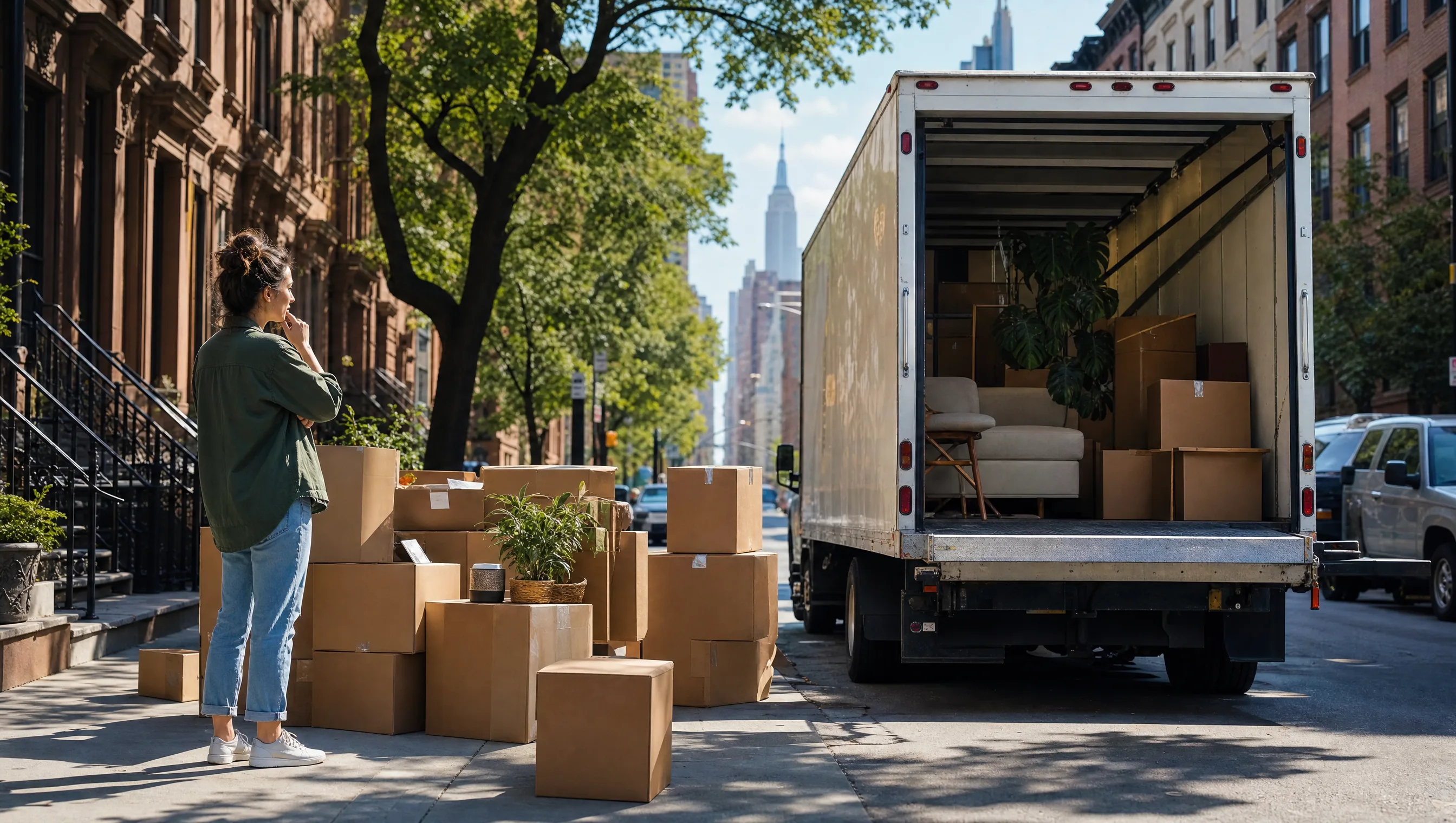 A person on a NYC brownstone sidewalk beside a stack of moving boxes, facing an open moving truck loaded with furniture