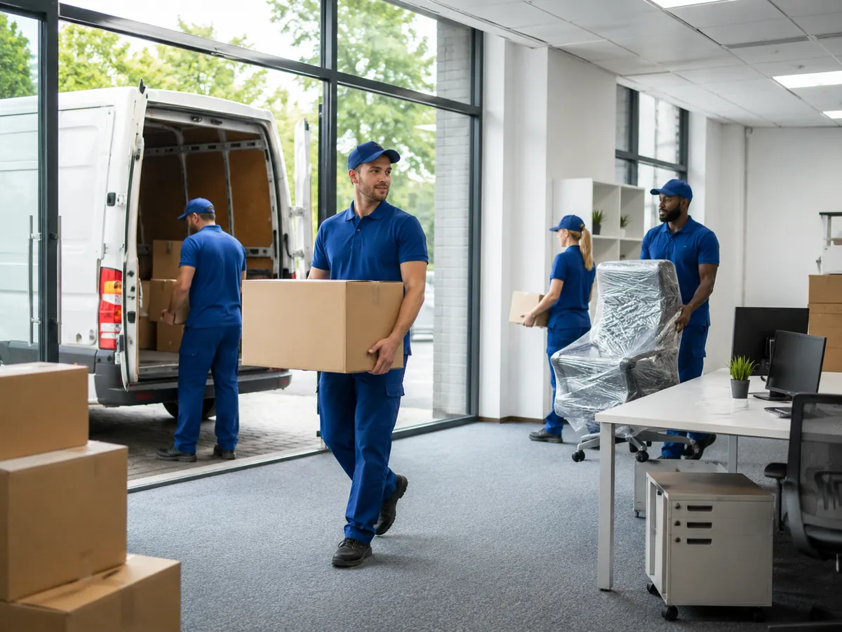 Movers carrying boxes and wrapped office chairs out of an emptied office