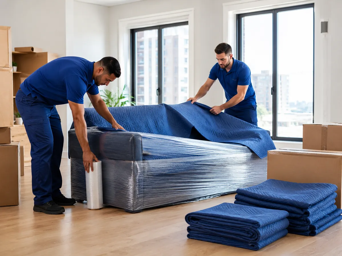 Movers wrapping a sofa in padded blankets and shrink wrap inside an apartment